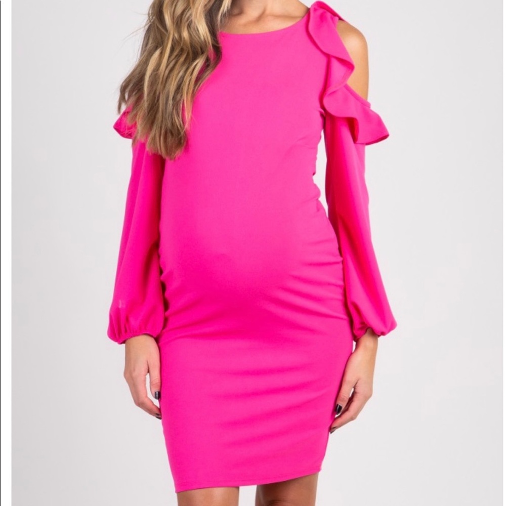 Hot Pink Puff Sleeve Maternity Dress